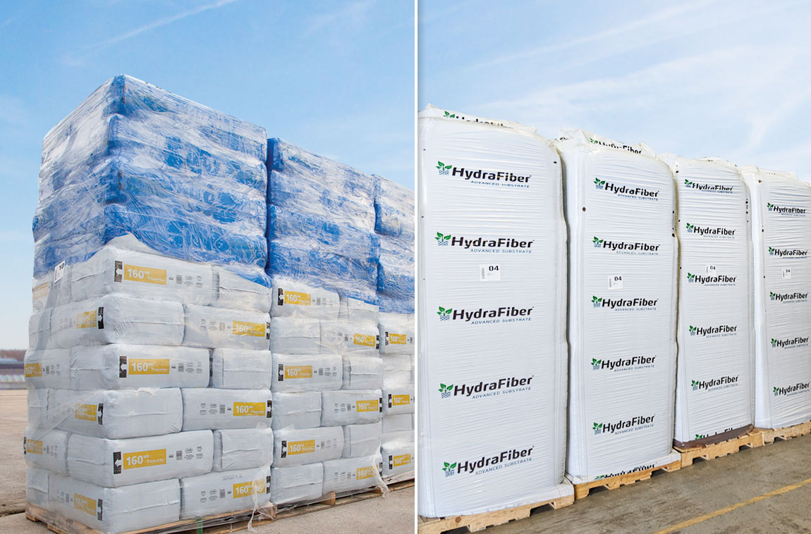 HydraFiber bales and towers are wrapped in plastic for outside storage